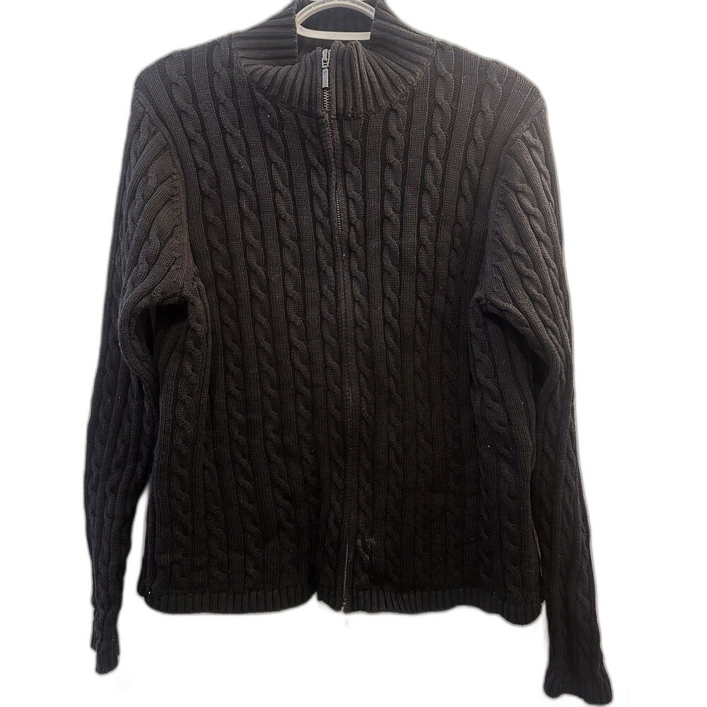 L.L.Bean Women's Large Aran Cable Knit Full Zip Mock Neck Sweater Black Cotton